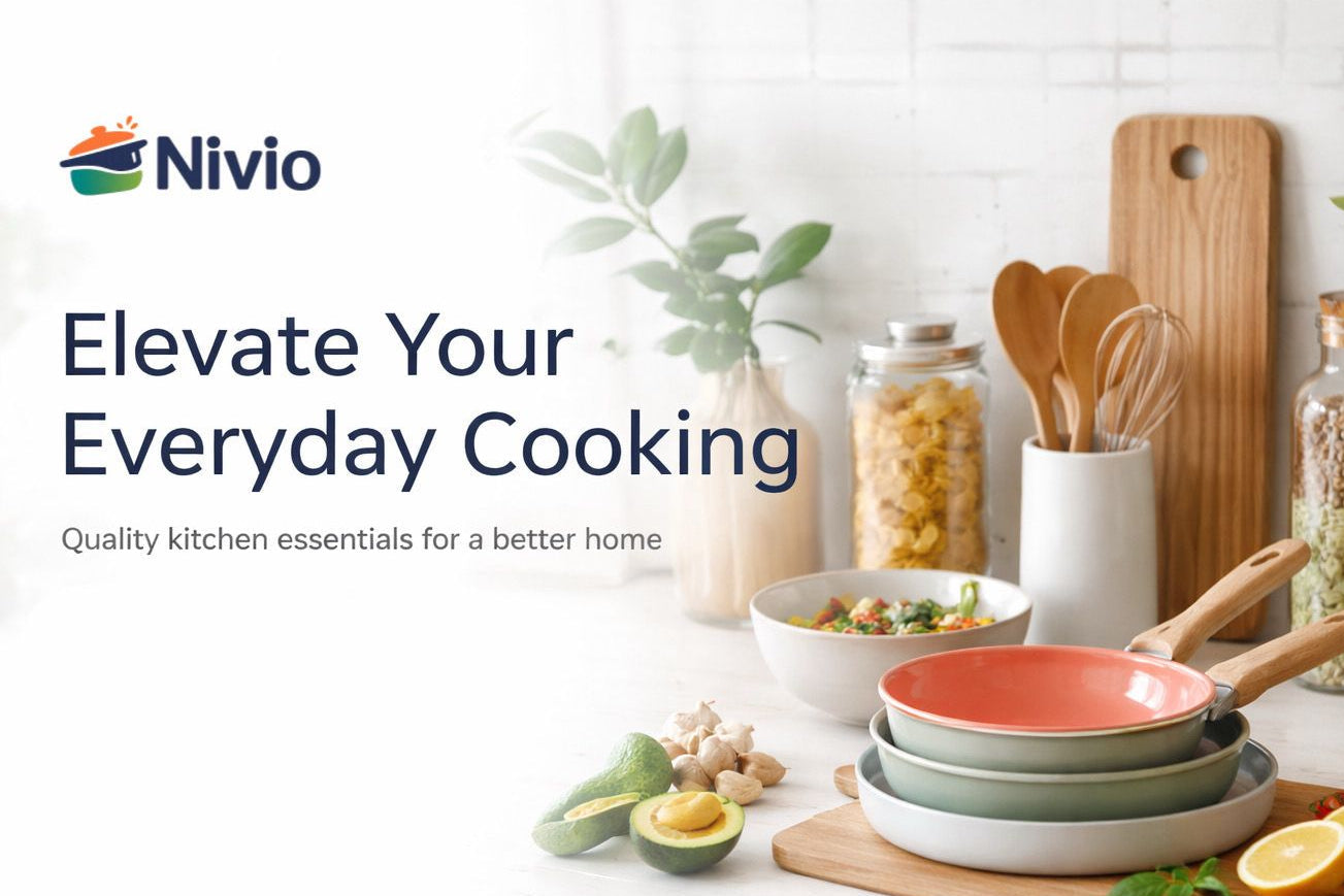 Nivio kitchenware set on a white surface with text 'Elevate Your Everyday Cooking